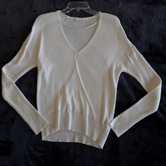Elodie | Ribbed Cream V neck Faux wrap Crossover Sweater - Picture 1 of 4